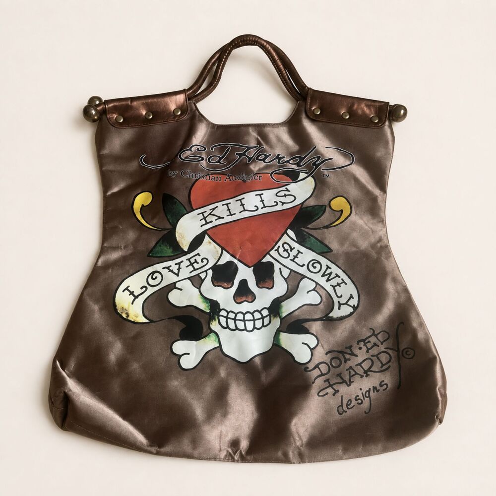 Vintage Ed Hardy by Christian Audigier “Love Kills Slowly” bronze satin tote